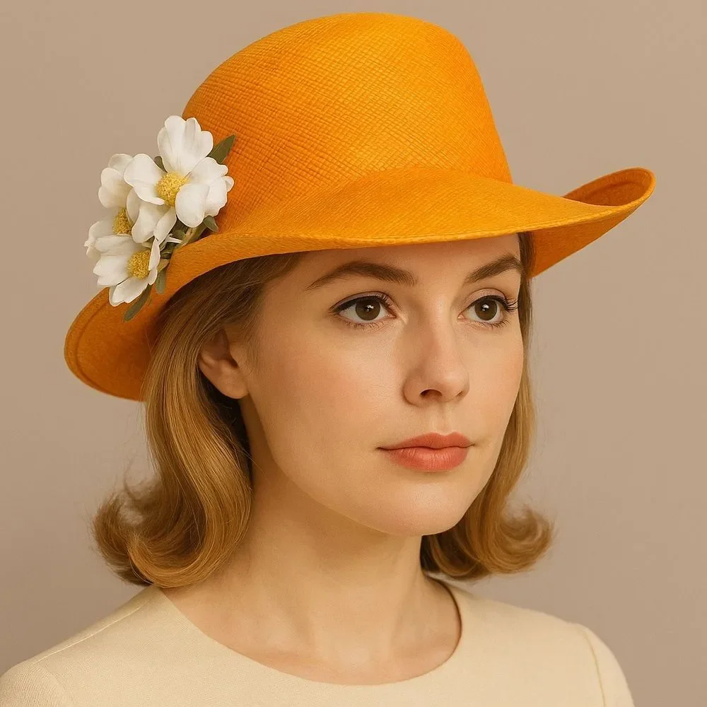 Vintage 1960s Madcaps Orange Straw Hat White Blossom Flower Pin Trim Wide Brim